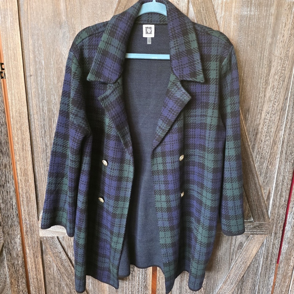 Anne Klein Sweater Women's Size XL Green Blue Black Plaid Open‎ Cardigan Buttons